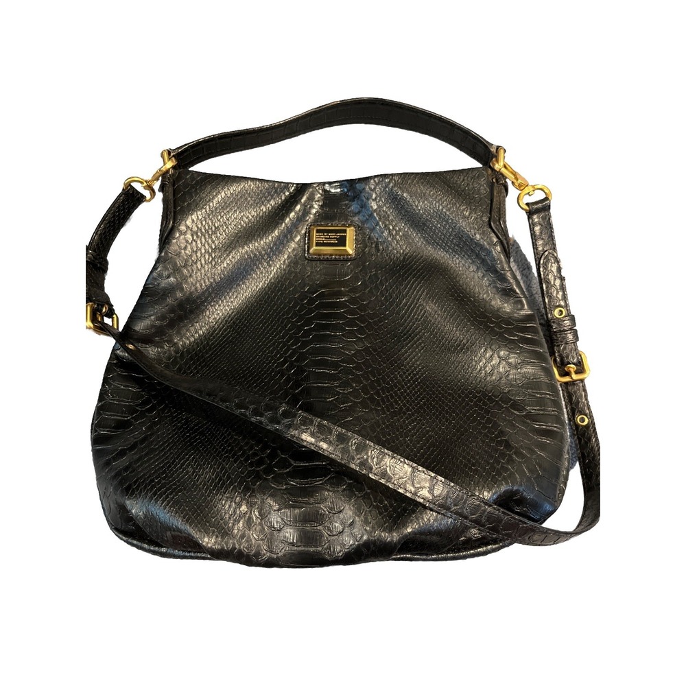 Marc Jacobs Black Snakeskin Leather Shoulder Bag Tote Gold Hardware Purse Large
